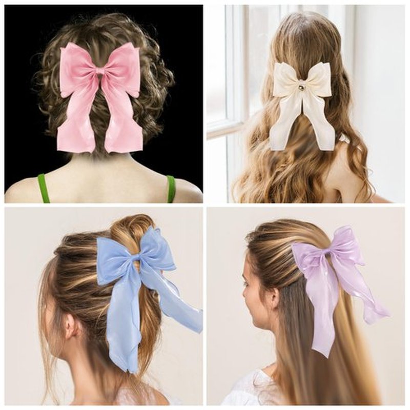 Large Hair Bow Clips for Women,Blue Pink Bow Hair Barrettes with Long Tail French Hair Ribbon Clips Hair Accessories for Girls (Light Blue,Light Pink)