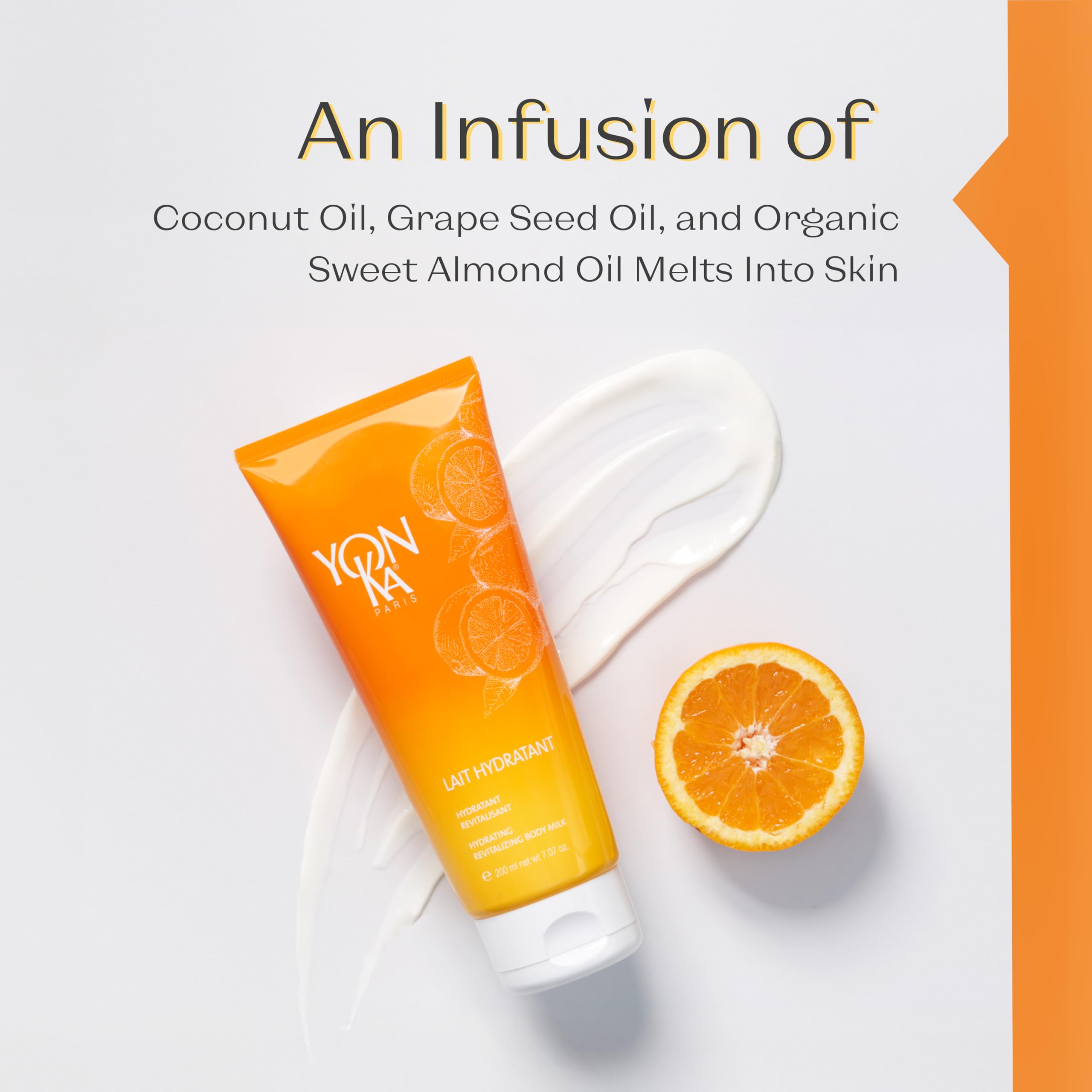 Yon-Ka Sweet Orange Body Milk, Lightweight Body Moisturizer with Vitamin E to Repair Skin, Natural Almond and Coconut Oils Hydrate Dry Arms and Legs (200ml)