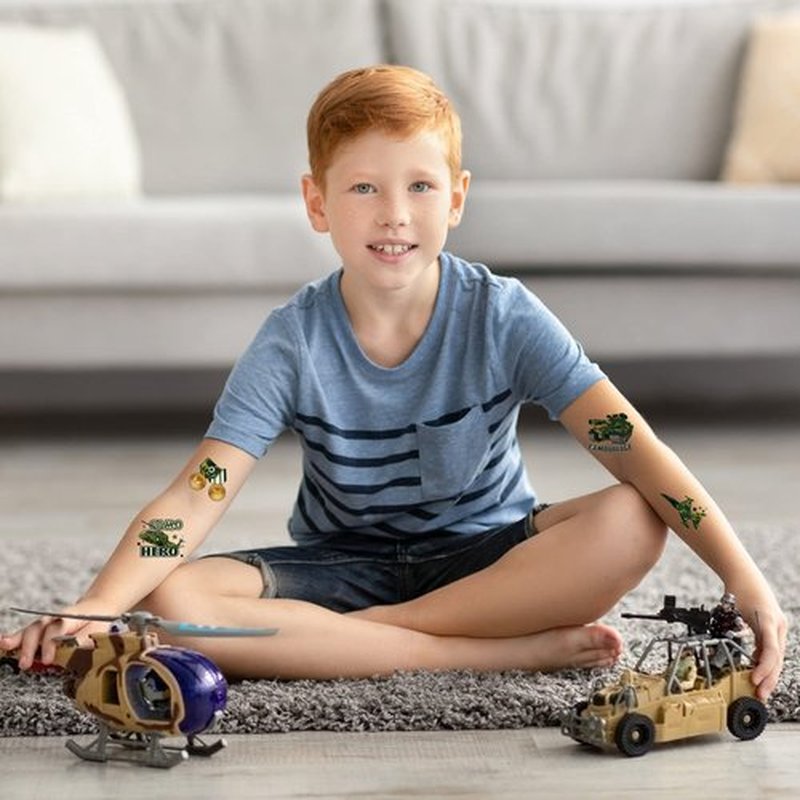 144 Sheets Military Camouflage Tattoo Camouflage Army Party Favors Supplies Military Camo Tank Helicopter Fake Tattoos Stickers Army Birthday Party Decorations for Men Boys Kids Adults School Prizes