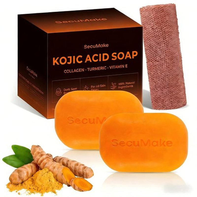SecuMake Kojic Acid Soap, Brightening & Hydrating Turmeric Soap Bar for Dark Spots with Vitamin C and Shea Butter, Paraben & Sulfate-Free - 2 Bars with African Net Sponge