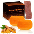 SecuMake Kojic Acid Soap, Brightening & Hydrating Turmeric Soap Bar for Dark Spots with Vitamin C and Shea Butter, Paraben & Sulfate-Free - 2 Bars with African Net Sponge