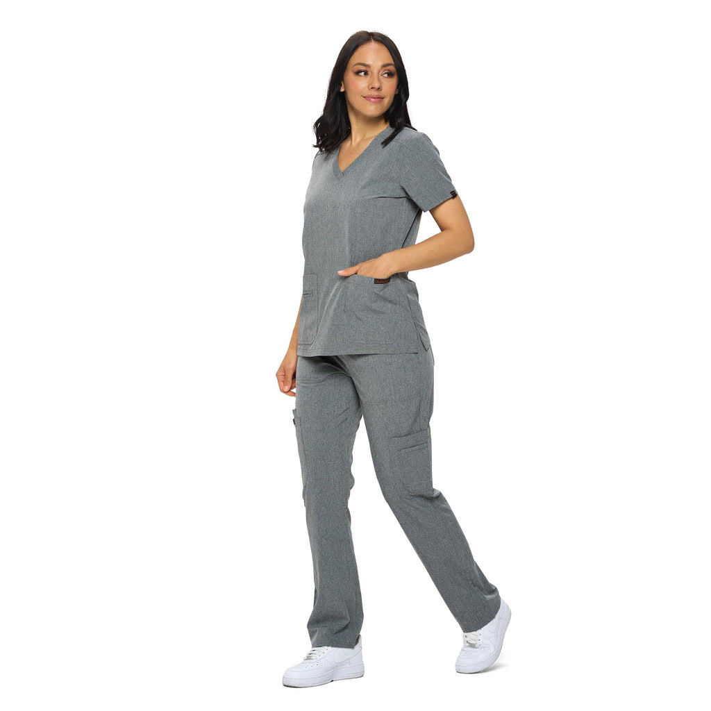 Monarch Uniforms Scrub Sets in Regular and Petite Stretchy Scrubs for Women Set of Scrub Top and Scrub pants-(HEATHER GREY)-3X