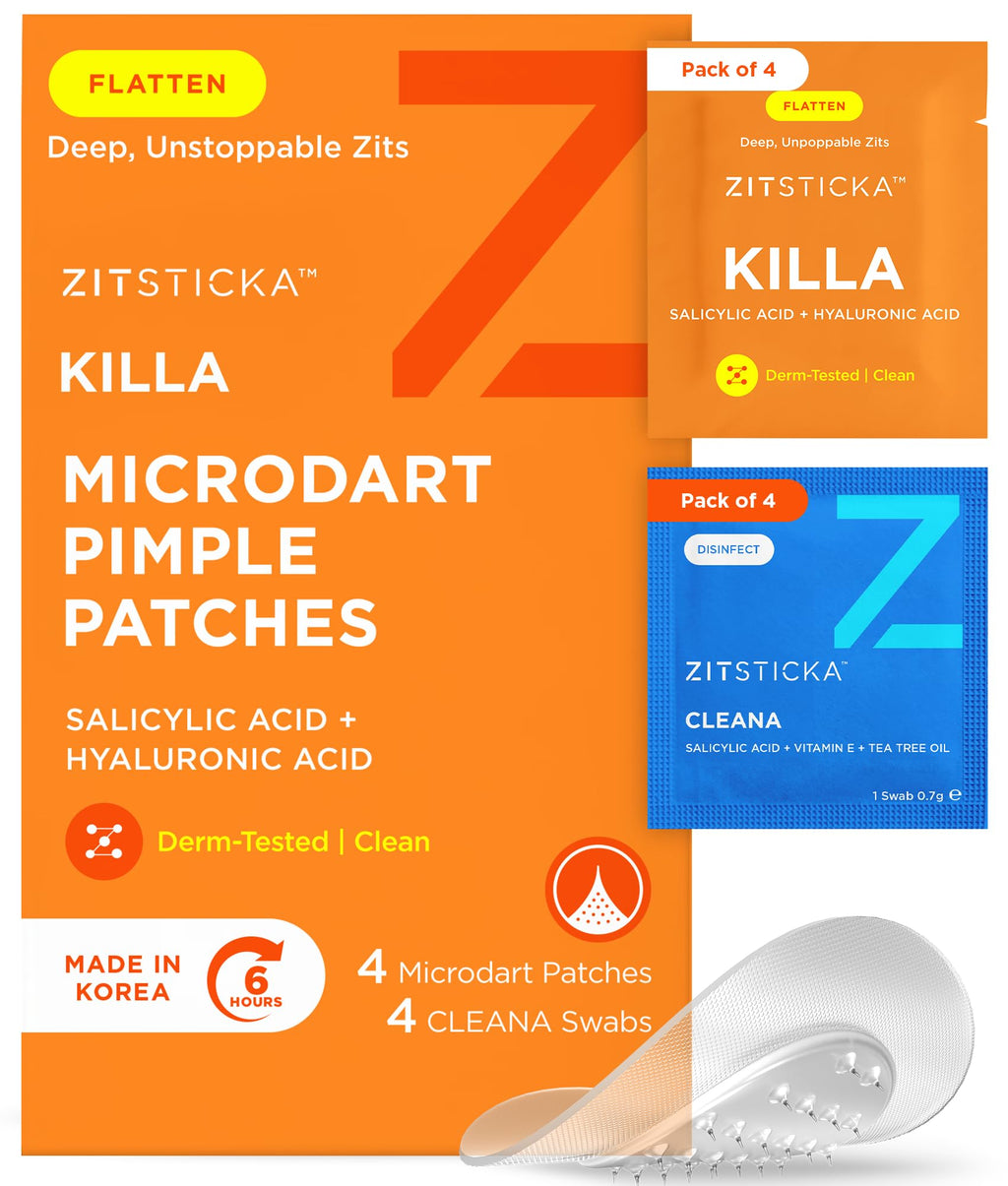 ZitSticka Killa Microdart Pimple Patches for Face - Most Potent Pimple Patch with Fast-Acting Microdarts - For Deep, Early-Stage Zits with Salicylic Acid - Regular 4 Count with Cleaning Swab