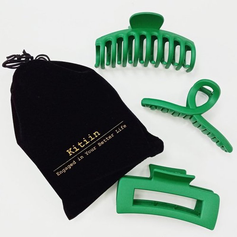 Kitiin Solid Green Large Hair Claw Clips for Thick/Fine/Thin Hair,Strong holding teeth interlocking Women Jaw Clips for Hair 3 Count In set hair clips for patrick's day (Green)