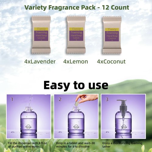 Tisnxiy Foaming Hand Soap Tablet Refills - 12 Count- 96 fl oz total (12x 8 fl oz) - Eco-Friendly Foaming Hand Soap Refill - Gentle on Hands, Kind to Earth - Variety Fragrance Pack