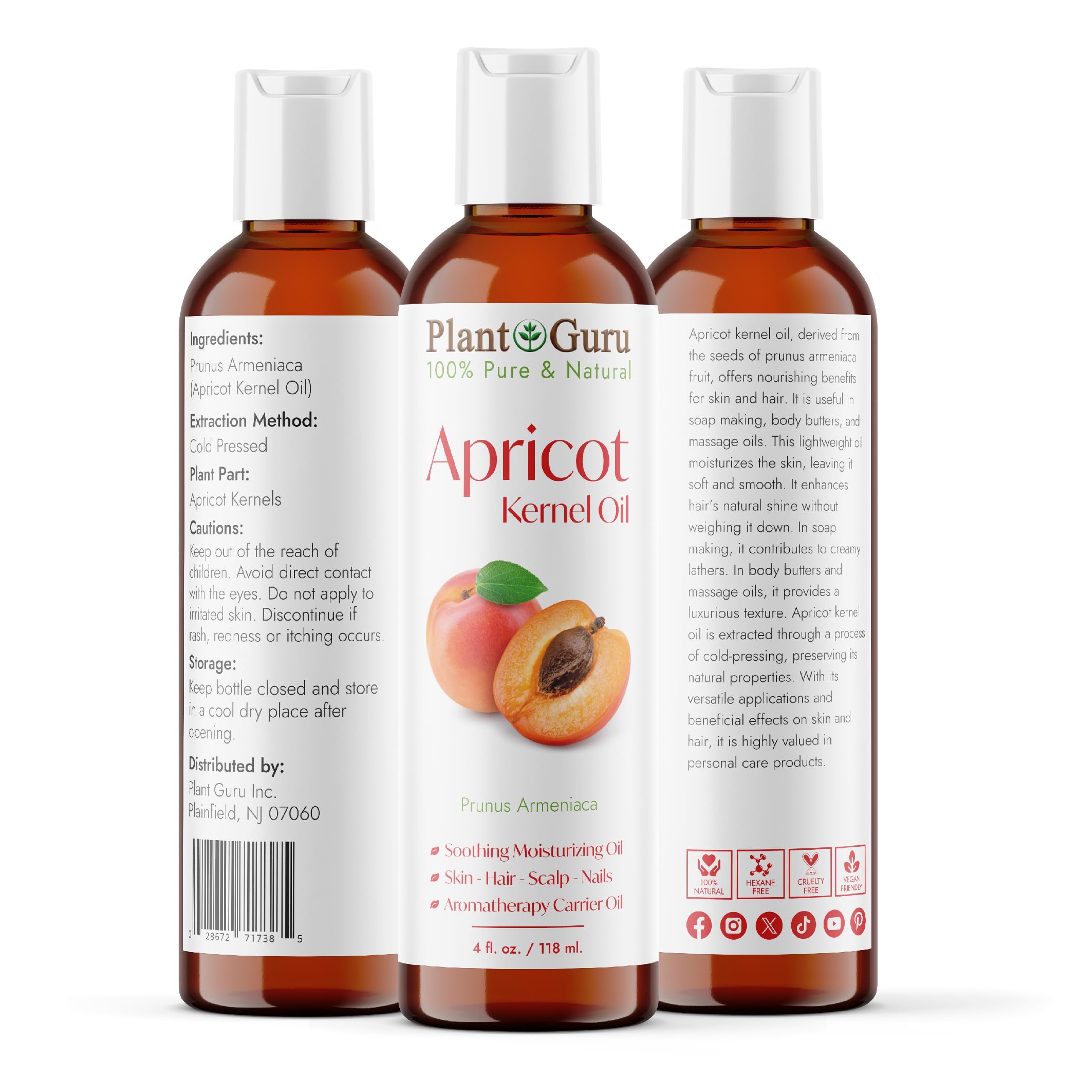 Apricot Kernel Oil 4 fl. oz. Cold Pressed Carrier 100% Pure Natural For Skin, Face, and Hair Growth Moisturizer. Great For DIY Creams, Lotions, Lip balm and Soap Making
