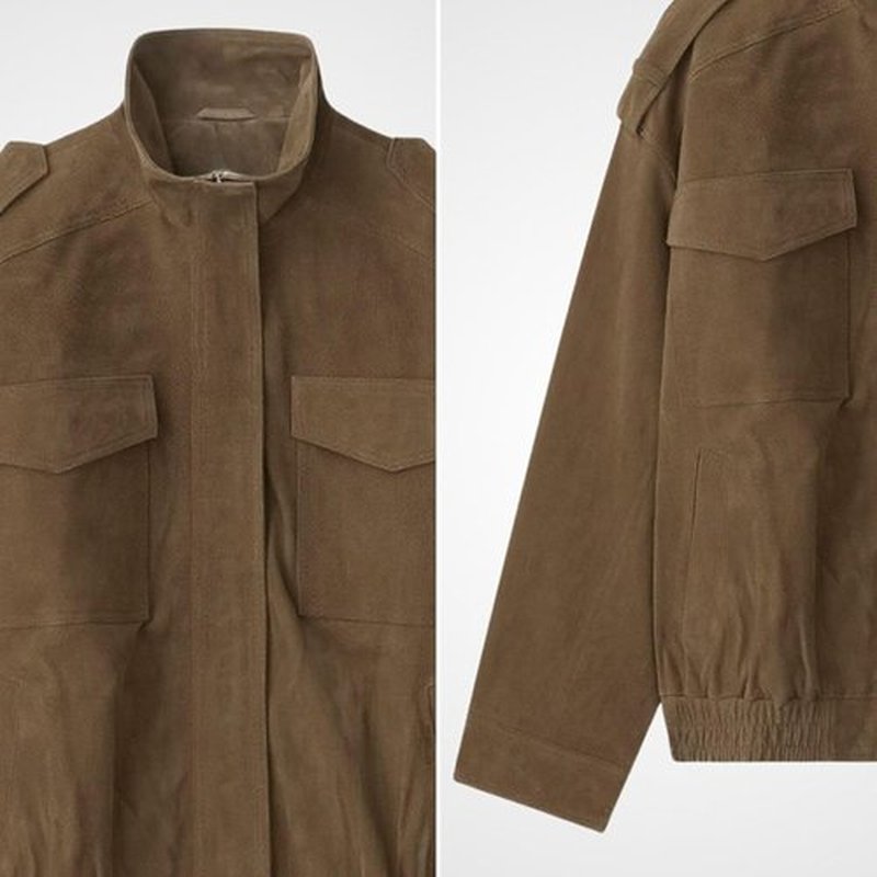 FindThy Suede Leather Jacket - Vintage High Collar, Long Sleeve, Oversized Coat with Pockets