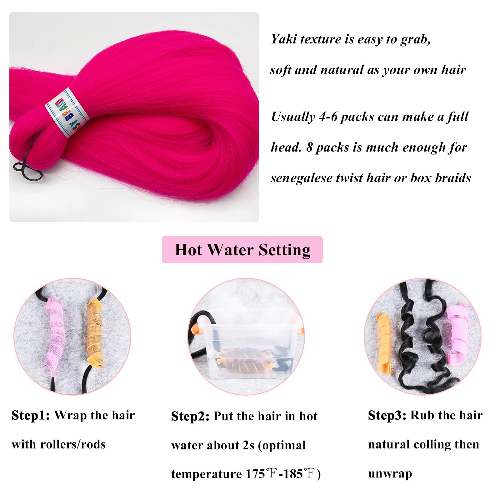 UPruyo Hot Pink Braiding Hair Pre Stretched Colored Hair Extensions Prestretched Braiding Hair Neon Pink Knotless Yaki Texture Synthetic Hair for Micro Box Braids (26 Inch Folded 3 Packs)