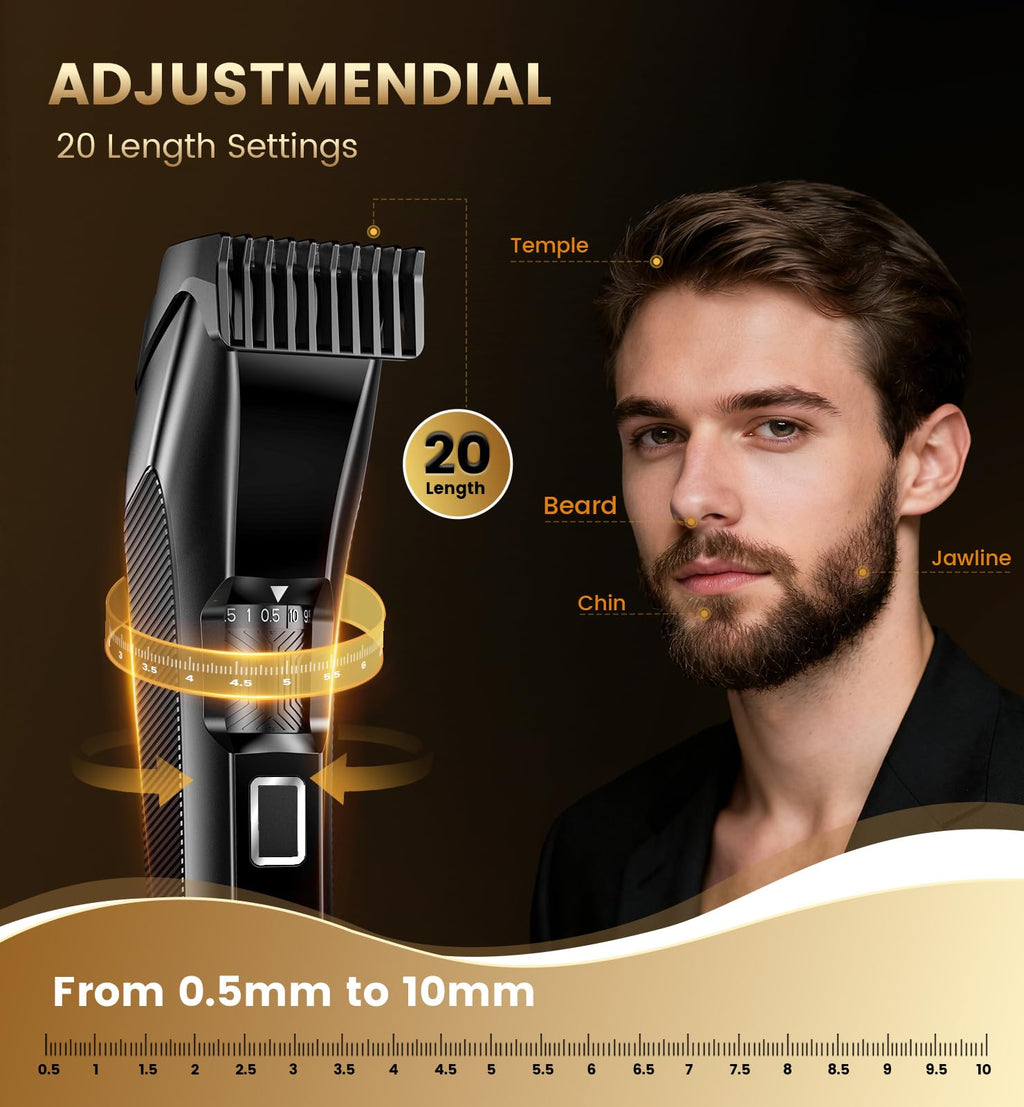 NAUQUOHZ Men's Beard Trimmer-All-in-One Mustache Trimmer with 20 Length Adjustable, Stainless Steel T-Blade for Precision Facial Hair Trimming Cordless IPX7 Waterproof Wet/Dry Clipper,LED Display