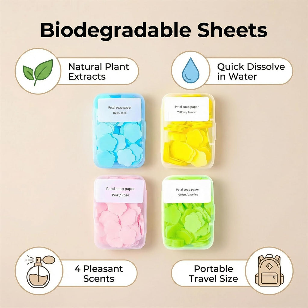 4 Different Scented Mini Fresh Portable Disposable Petal Hand Wash Sheets, Dissolvable Hand Bath Soap, Suitable for Children and Adults, Outdoor, Travel, Camping, 4 Boxes (Approx 400 Sheets)