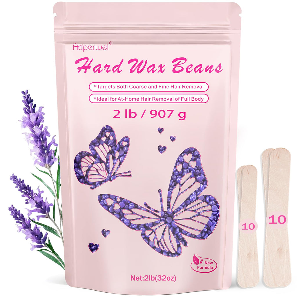 AUPERWEL 2lbs Wax Beads with Coarse Hair Formula, Hard Wax Beads for Hair Removal and Sensitive Skin, Hard Wax Beans for Bikini, Brazilian, Legs, Underarms, Chest, Full Body Waxing (Natural Lavender)