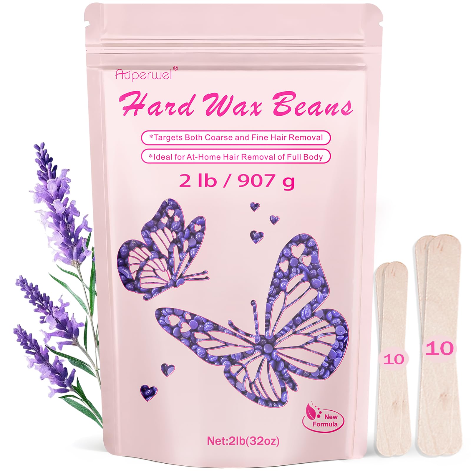 AUPERWEL 2lbs Wax Beads with Coarse Hair Formula, Hard Wax Beads for Hair Removal and Sensitive Skin, Hard Wax Beans for Bikini, Brazilian, Legs, Underarms, Chest, Full Body Waxing (Natural Lavender)
