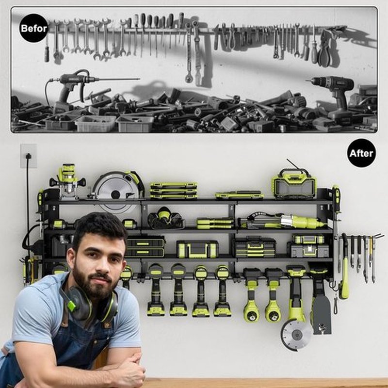 Power Tool Organizer - 12 Cordless Drill Holder with Side Pegboard & Screwdriver Storage | Heavy-Duty Metal Rack