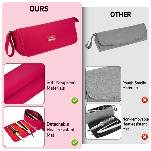 Jaffzora Hair Tools Travel Bag with Heat Resistant Mat and Lining, Portable 2 in 1 Hair Storage Bag for Curling Iron, Flat Irons, Straighteners and Haircare Accessories(Red)
