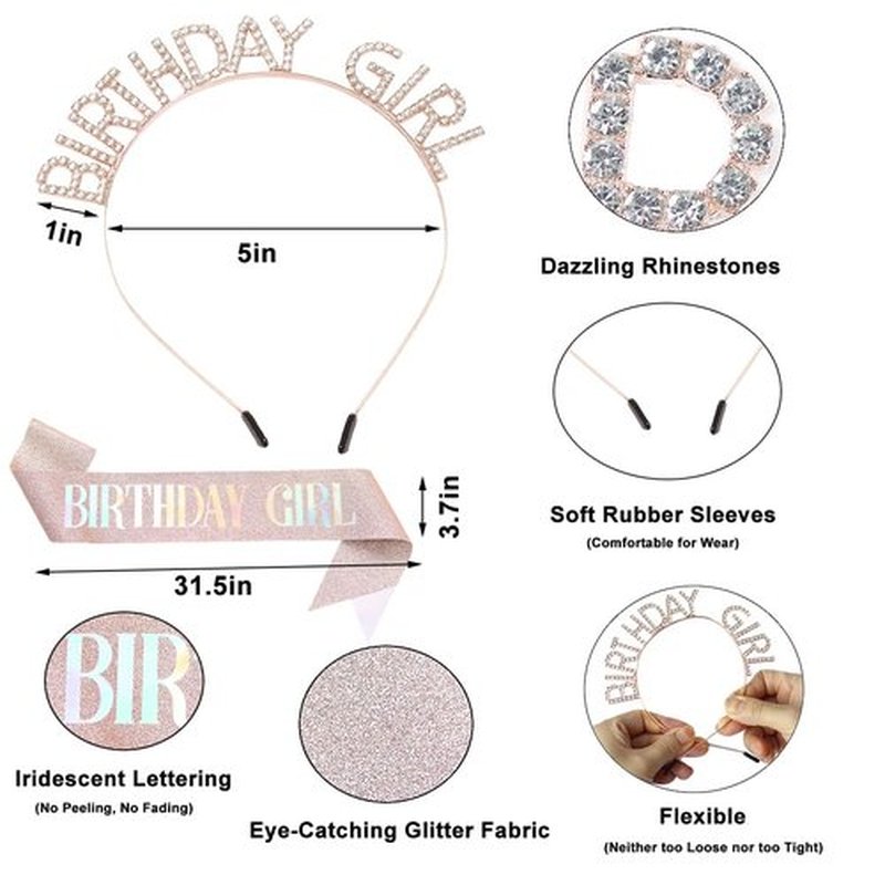 BICAOGEE Rose Gold Birthday Girl Sash,Headband,Happy Birthday Banner,Hanging Swirl Decorations,Rhinestone Tiara Crown for Princess,Gift for Women.