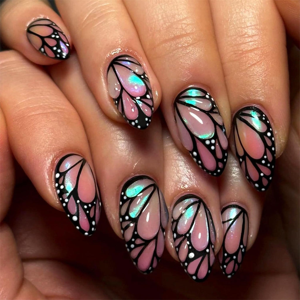 Vopintpy 3D Butterfly Pattern Press on Nails Medium Almond Fake Nails with Design Glossy Acrylic Glue on Nails Full Cover Stick on Nails for Women DIY Charm Manicure Decor