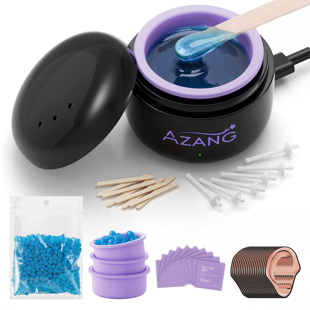 Azang Nose Wax Kit Portable Warmer ｜100g Wax｜Rapid Heating｜24 Applicators + 12 Nose Hair Sticks｜3 Silicone Pots｜Travel Size｜Unisex｜Global Recycled Standard