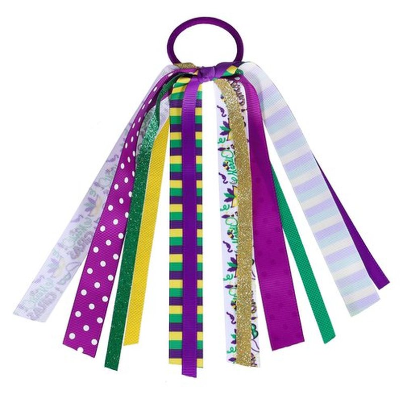 Girls Mardi Gras Ponytail Hair Ribbon Streamer,Gold Green Purple Ribbon Pony Holder Elastic Hair Tie Bands for Women Fat Tuesday Party Costume Dress outfit Pigtail Decor Accessories