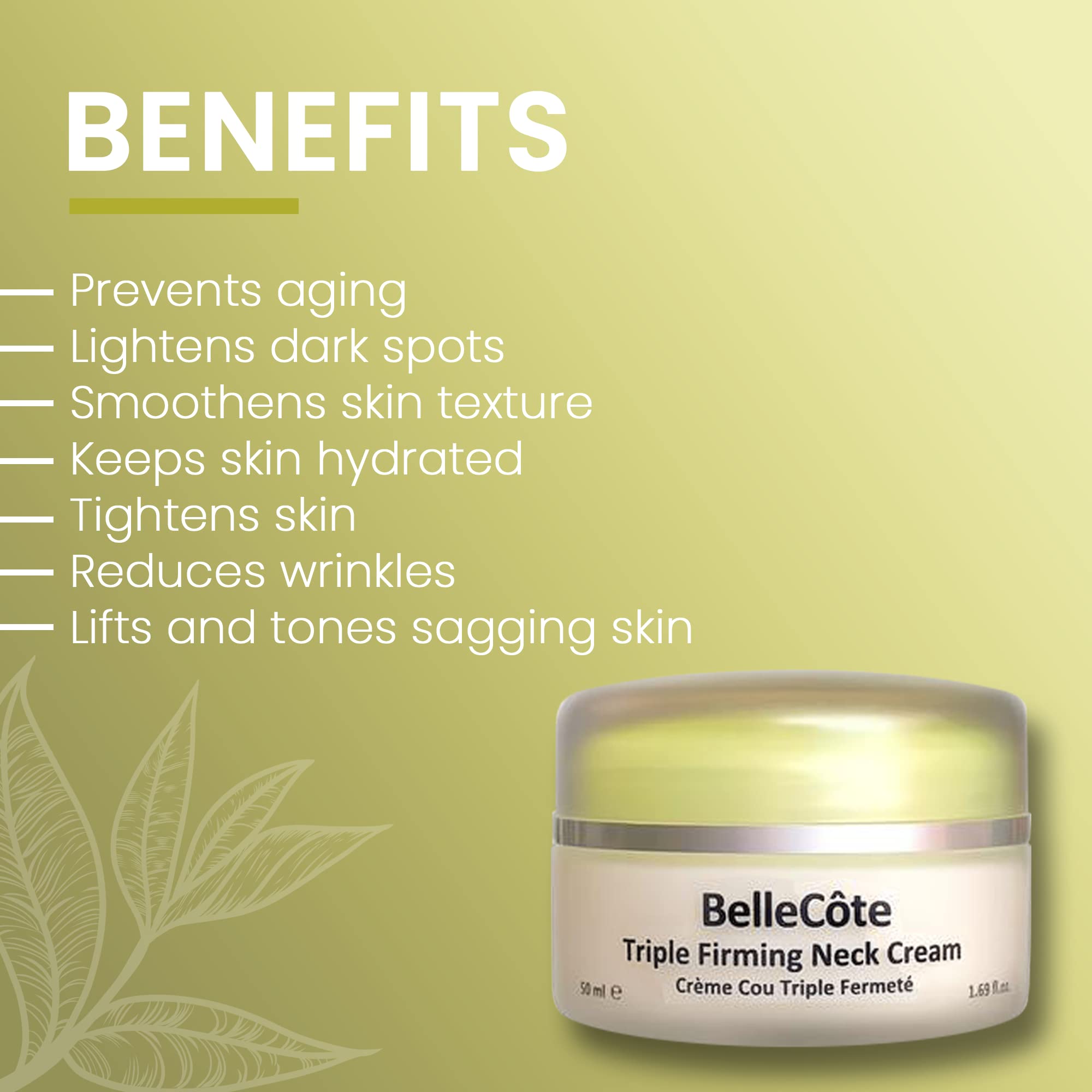 BelleCôte Paris Triple Firming Neck Sculpting Cream - Marine Collagen Tightening Peptide Cream with Bare Minerals for Double Chin, Decollete & Neckline to Keep Skin Taut & Firm