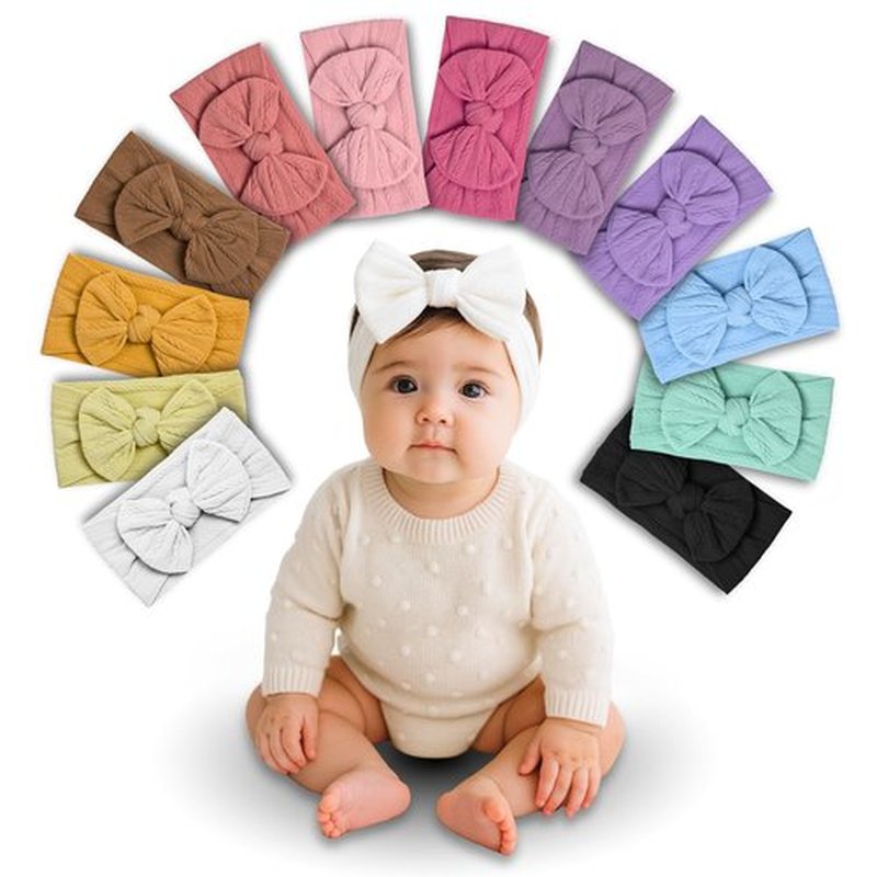 Binatia Baby Girl Headbands Set – 12 Pack Ribbed Nylon Bows – Soft & Stretchy Newborn to Toddler Turbans – No Mark, Non-Slip, Textured Design Hair Accessories for Infant Girls