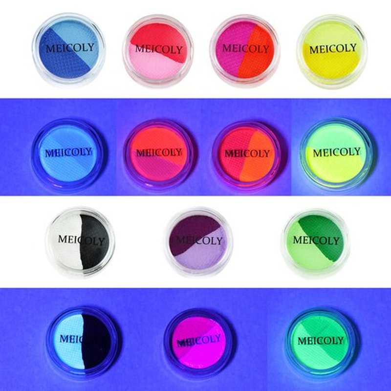 MEICOLY Water Activated Eye Liner 14 Colors,Neon UV Pride Rainbow Face Paint,7 Cakes Duo Color Water Activated Eyeliner,Halloween Hydra Liner,Matte Graphic Eyeliner,Glow Blacklight Body Paint