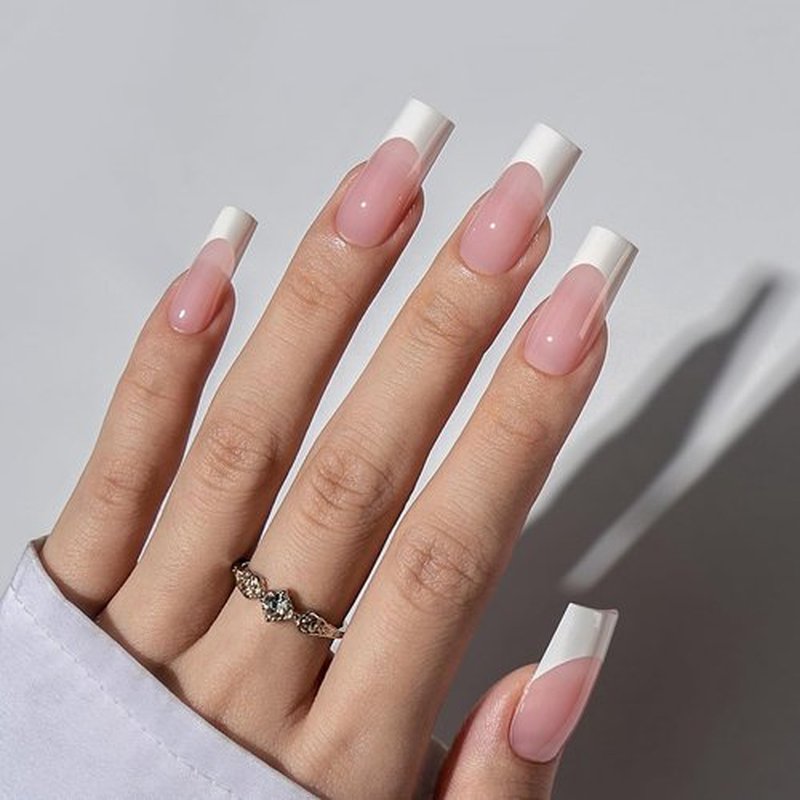 BTArtbox French Tip Press-On Nails - White & Pink Long Square Soak-Off Acrylic Extensions