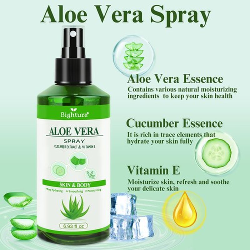 BIGHTURE Aloe Vera Spray from Freshly Cut Pure Aloe, Aloe Vera for Skin& Hair, Aloe Vera Spray for Sunburn Relief, 6.93oz, Absorbs Rapidly, Infused wirh Cucumber Essence