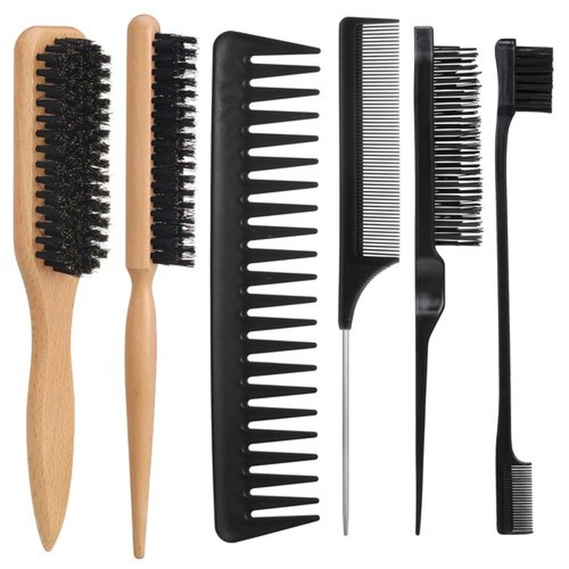 6PCS Boar Bristle Slick Back Hair Brush with Edge Brush Rat Tail Comb, Wide Tooth Comb for Men Women