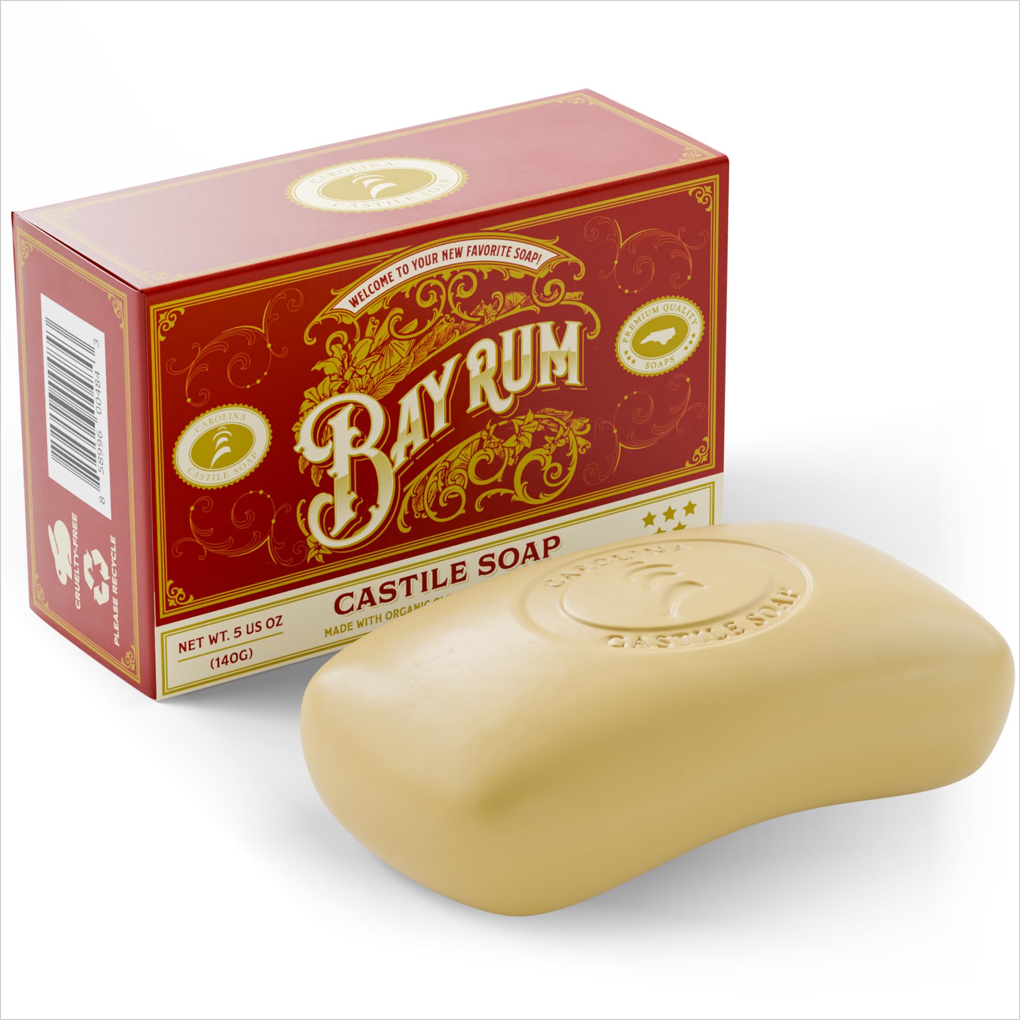 Body Wash Castile Soap Bar for Sensitive Skin – Long Lasting Natural Bar Soap for Men and Women with Olive Oil and Cocoa Butter - Vegan Bay Rum Scented by Carolina Castile, 5 oz Each