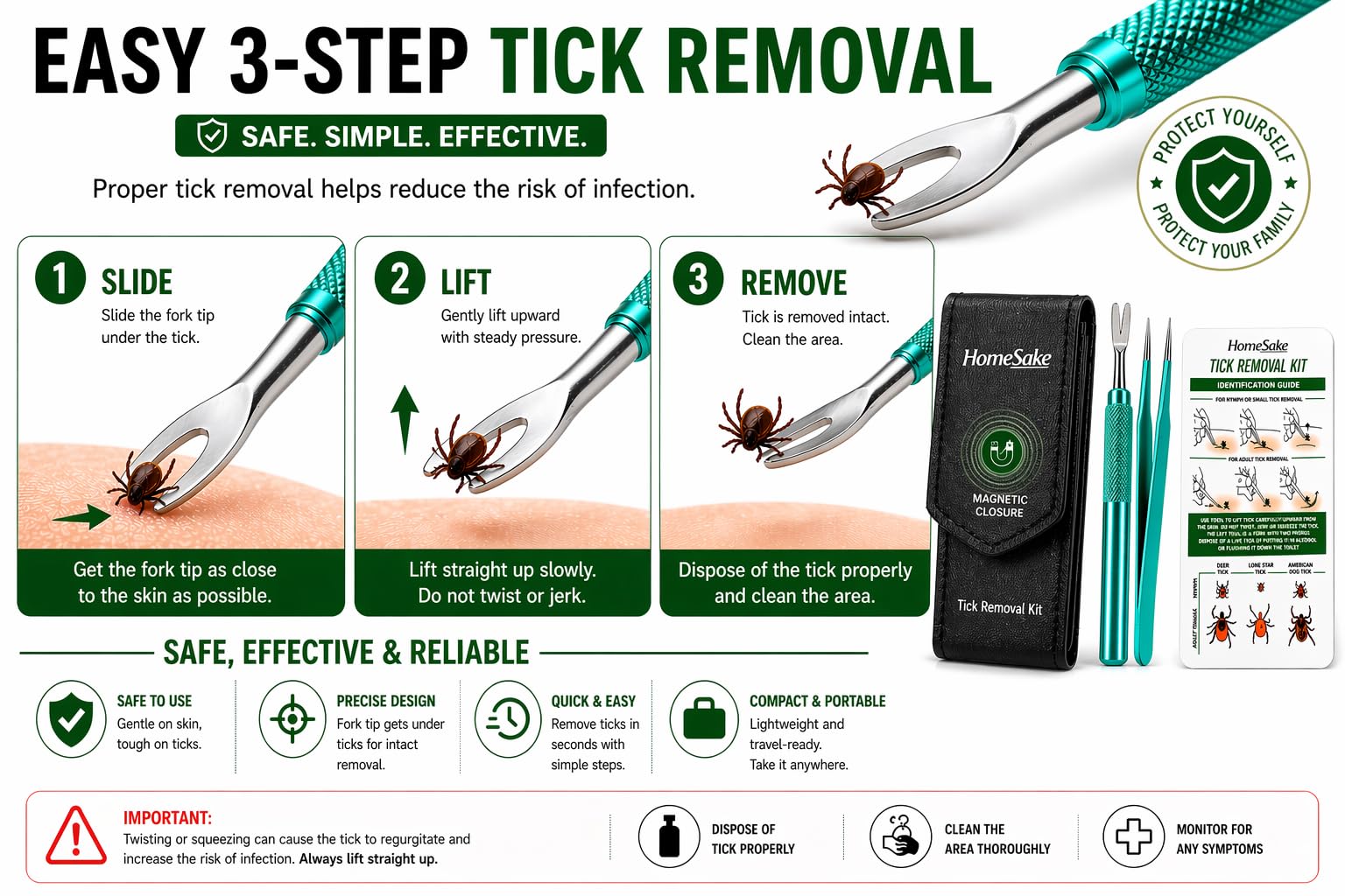 Homesake Tick Remover Tool for Dogs, Cats & Humans | Deer Tick Remover Kit | Stainless Steel Tick Removal Tool with Fine Tip Tweezers | Removes Entire Tick Head & Body | Pouch & ID Card