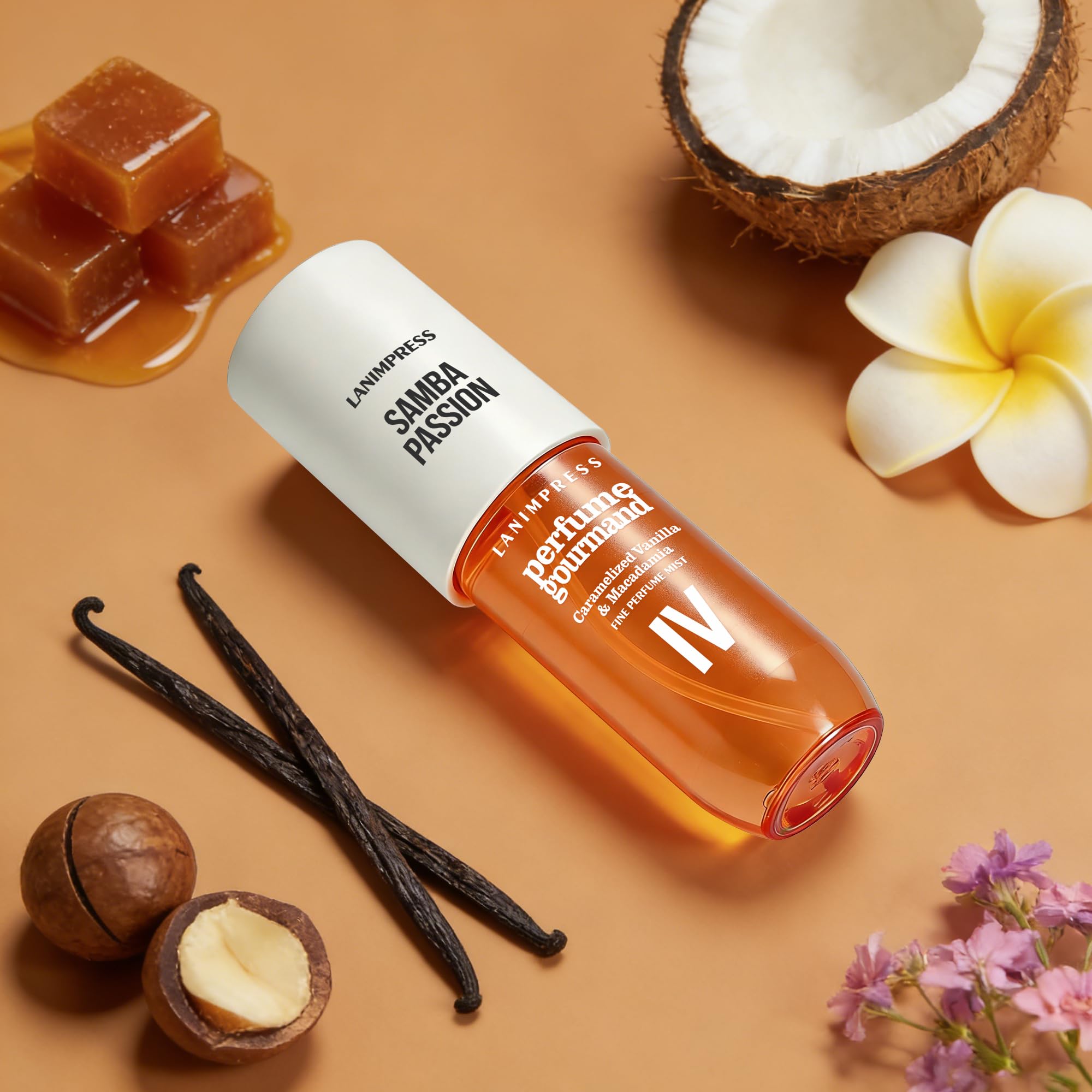 LANIMPRESS 3 FL OZ No.4 Hair Mist and Body Spray for Women,Eau De Parfum, Amber Gourmet Perfume, Sweet Scent– With Notes of Roasted Macadamia Nuts,Caramel Vanilla,Coconutblossom, Travel Size Fragrance