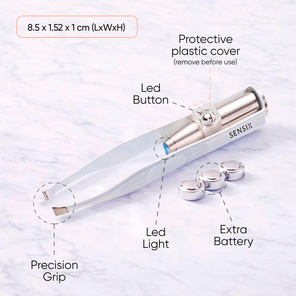 Sensica Eyebrow Tweezers with Light – LED Lighted Tweezers for Women Facial Hair – Precision Eyebrow Plucking Slant Tip Stainless Steel Tweezer with Long Arms & 3 Extra Batteries