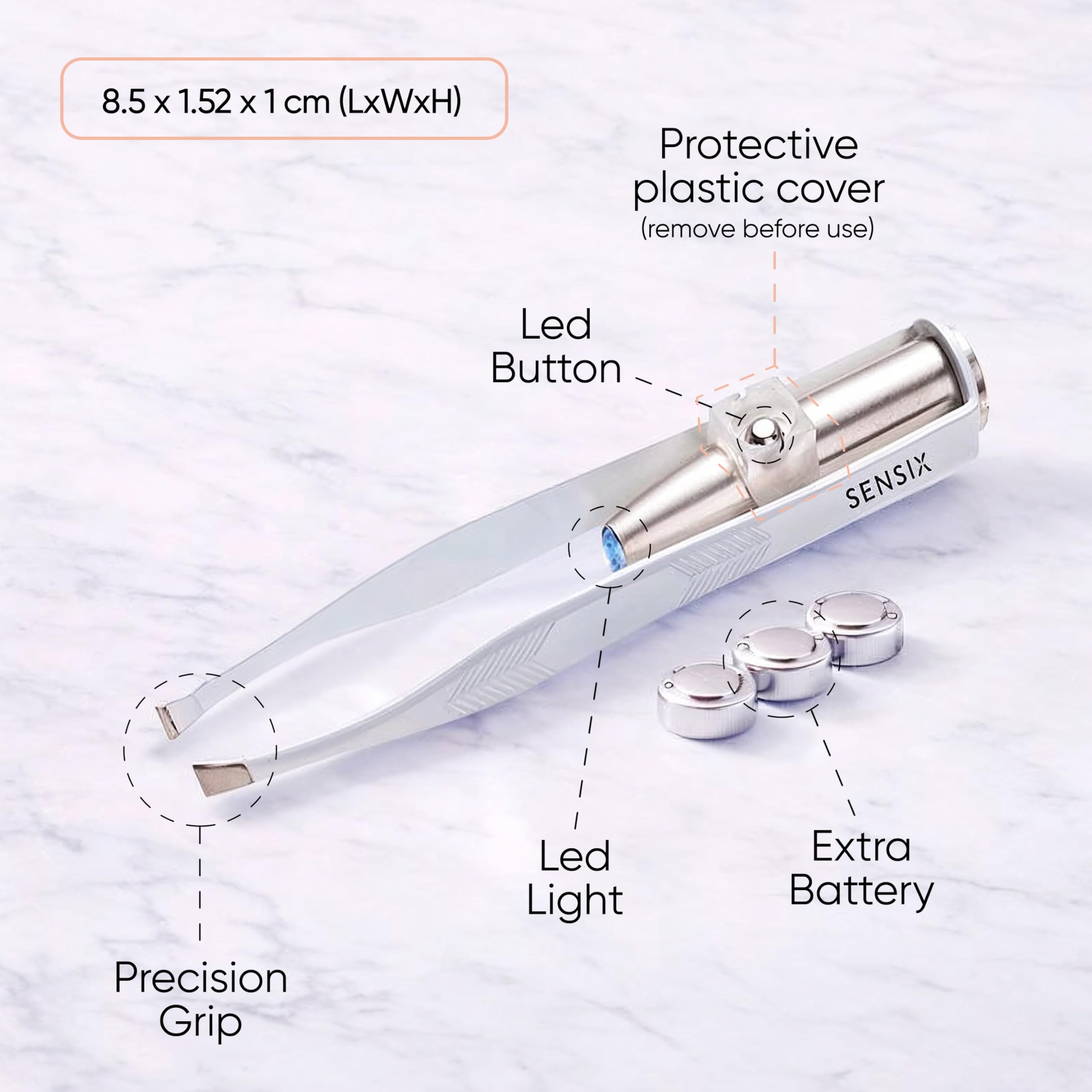 Sensica Eyebrow Tweezers with Light – LED Lighted Tweezers for Women Facial Hair – Precision Eyebrow Plucking Slant Tip Stainless Steel Tweezer with Long Arms & 3 Extra Batteries