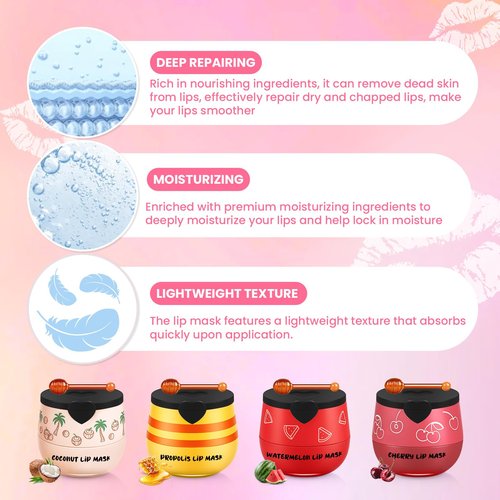 TEIHWAL 4PCS Bee Lip Balm Honey Pot Cherry Watermelon Coconut Honey Lip Balm, Moisturizing Sleeping Lip Mask Overnight, Prevention Dry and Cracked Lips