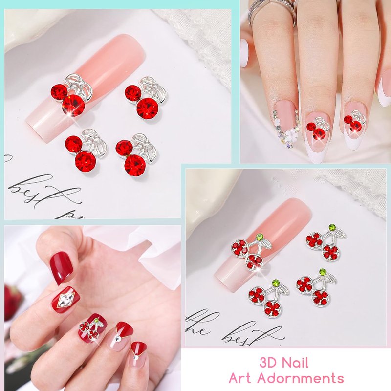 XEAOHESY 45 Pieces Silver Cherry and Strawberry 3D Nail Rhinestones - Cute Fruit Gems and Charms for Women's Manicure and Nail Art Decoration