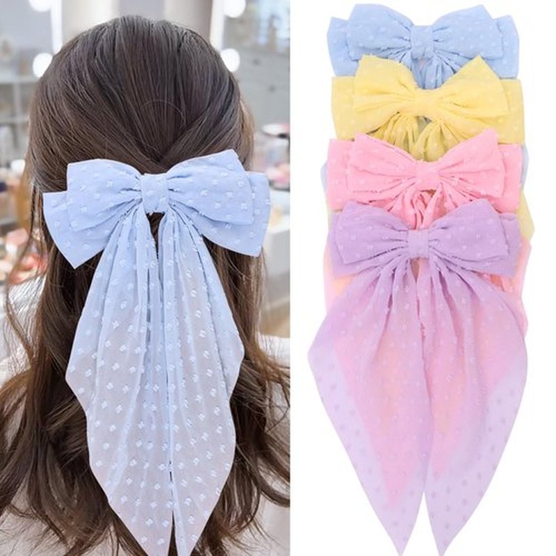 MRJ 4Pcs Chiffon Hair Bows for Women Big French Bows Hair Clips for Girls Hair Accessories Barrettes Metal Clips Bowknot Aesthetic