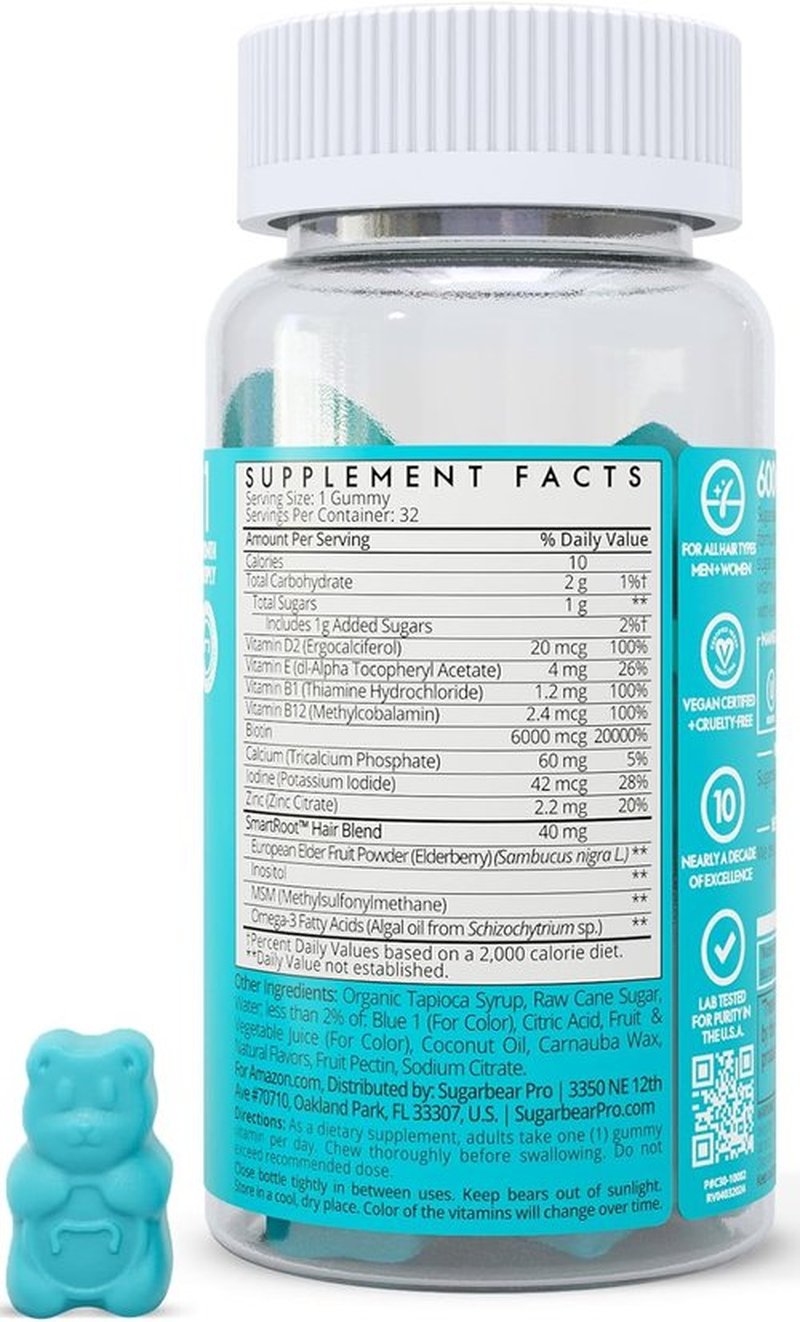 SugarBearPro Hair Vitamins - Extra Strength Biotin 6000mcg Gummies for Hair Growth | 1 Month Supply, Vegan & Kosher