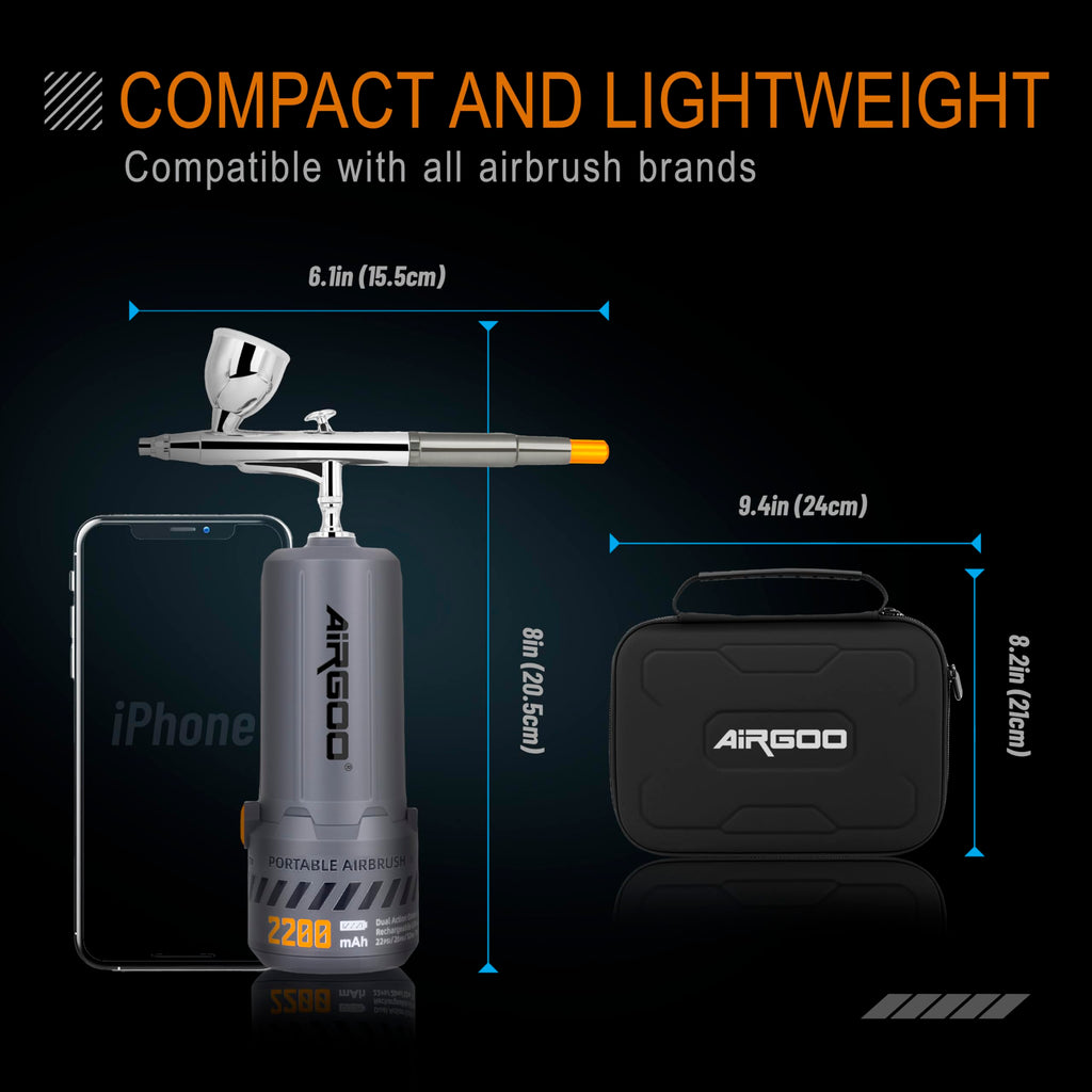 Airgoo Portable Airbrush Kit with Air Compressor MK430-215 with 0.3mm Nozzle, Cordless Airbrush Gun Set with Replaceable 5cc/10cc/20cc Fluid Cups for Makeup, Crafts, Tattoo, Modeling, Cake Decor