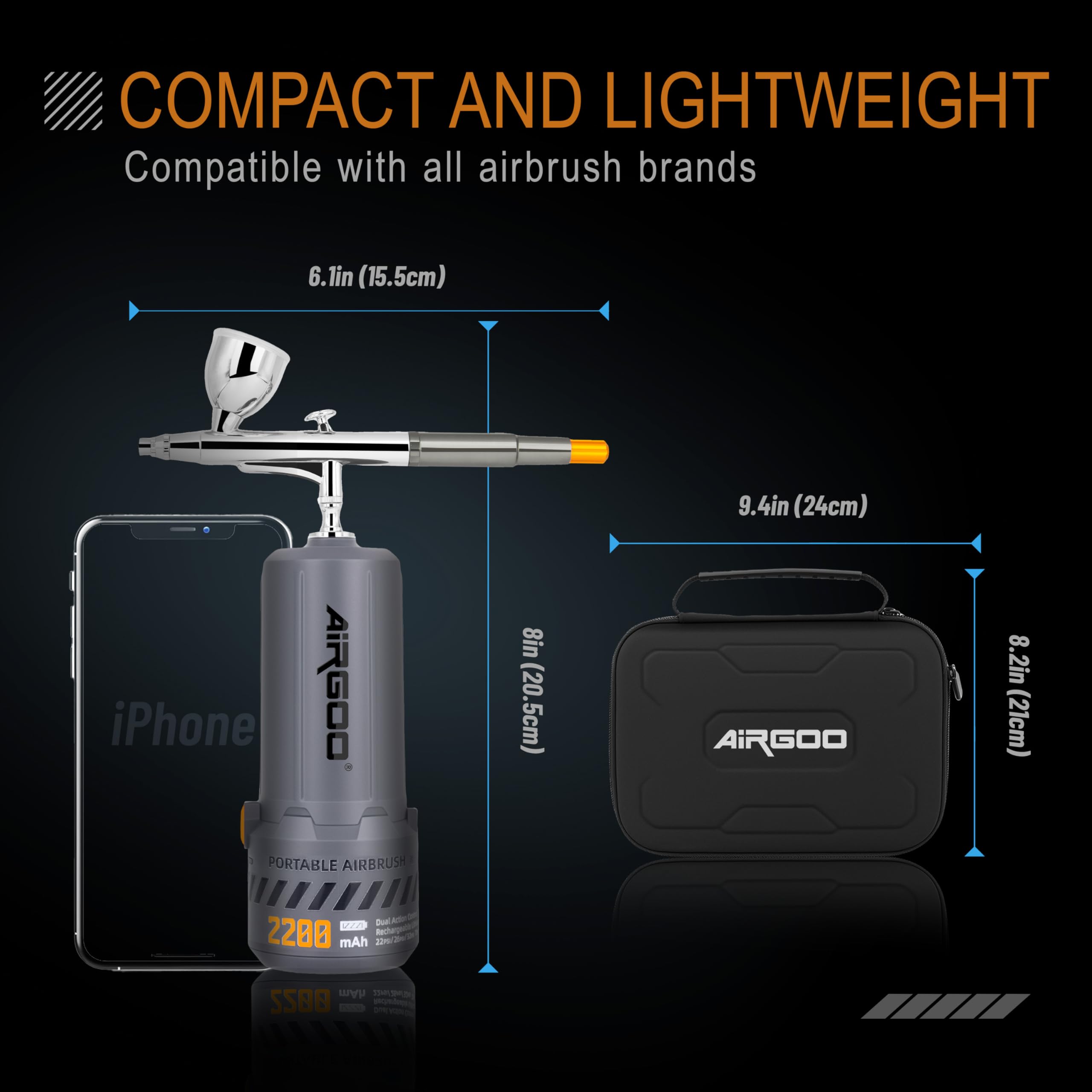 Airgoo Portable Airbrush Kit with Air Compressor MK430-215 with 0.3mm Nozzle, Cordless Airbrush Gun Set with Replaceable 5cc/10cc/20cc Fluid Cups for Makeup, Crafts, Tattoo, Modeling, Cake Decor