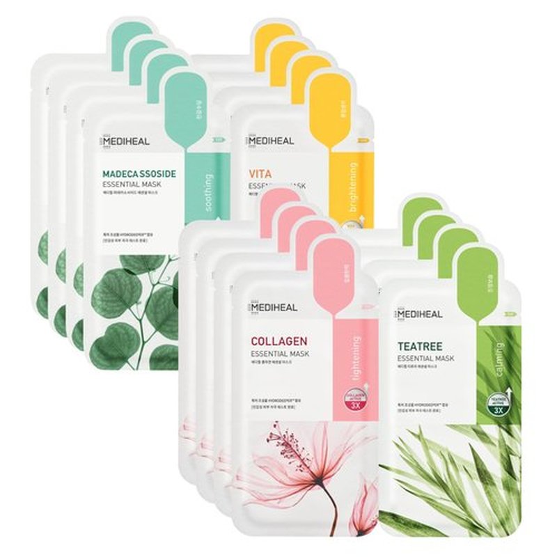 Mediheal Sheet Mask - Essential HERO 16-Pack | Collagen, Tea Tree, Madecassoside & Vita for Radiant Skin