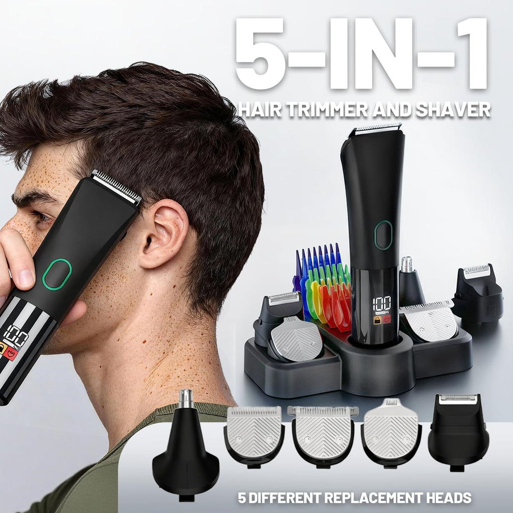 Nizzarra Hair and Beard Trimmer, 5 in 1 Men's Grooming Kit, Electric Hair Clipper Body Shaver for Ear, Nose, Face, Groin with 5 Guards Combs & Charging Stand