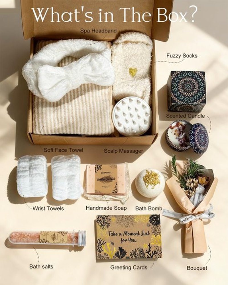 Coralogo Natural Spa Gift Baskets - Natural Pampering Spa Set, Self-Care Get Well Soon Basket,Thank You Gifts, Unique 11pcs Gift Set for Women Wife Mom Her Birthday Valentines Day Mothers Day