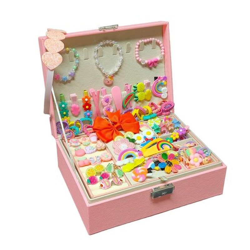 Jewelry Box with Hair Accessories for Girls, Hair Clips/Barrettes/Hair Ties/Bows/Toy Rings/Bracelets/Earrings/Hair Ropes/Hair Elastics, Gift Toys for Teen, Girls aged 4 5 6 7 8-12