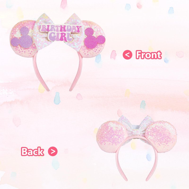 YUNISS Handmade Birthday Girl Mouse Ears Headband for Adults & Kids | Upgraded Wide Band |Velvet Non-Slip Band, All-Day Comfort | Cosplay, Theme Park Gift(Birthday Girl)