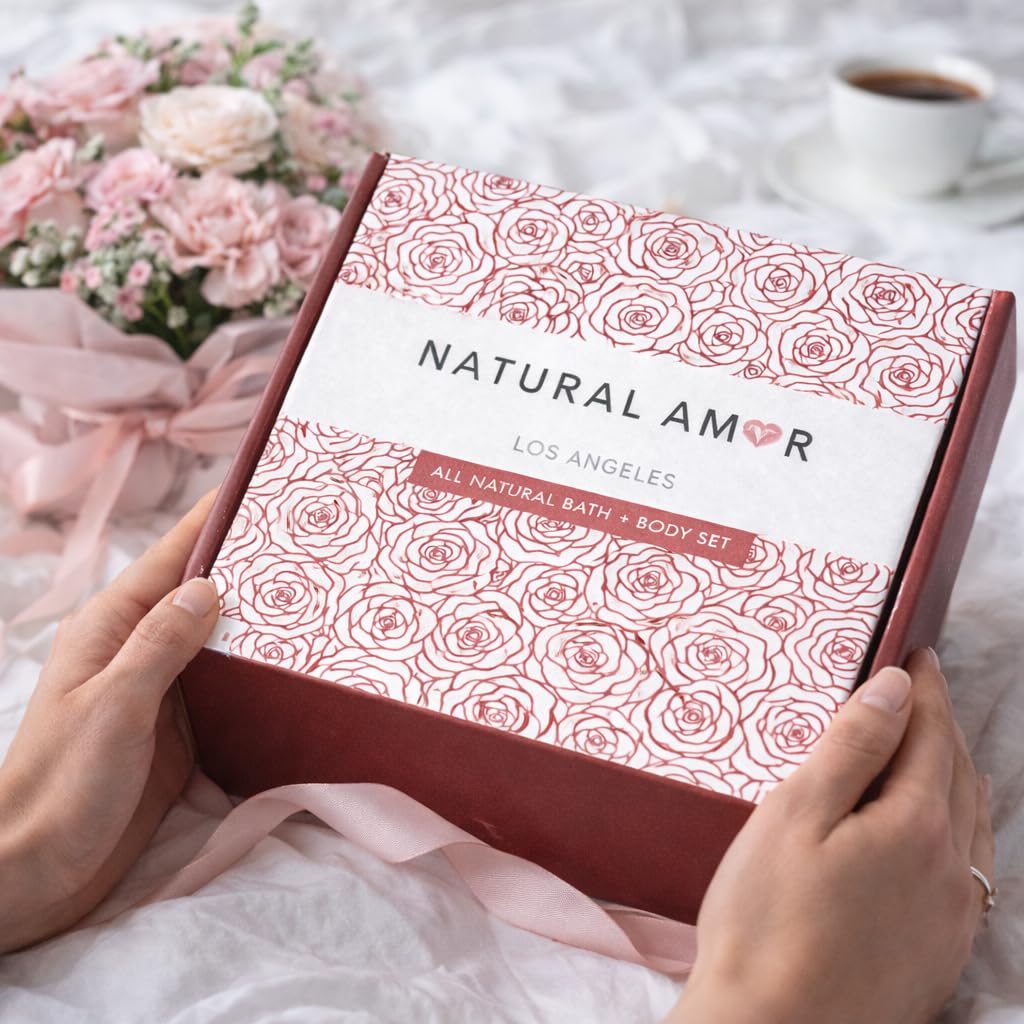 Natural Amor Relaxation Spa Gift Set for Women, 5 Piece Bath & Body Box with Candle, Hand Cream, Bath Bombs & Headband, Self Care Gift for Her
