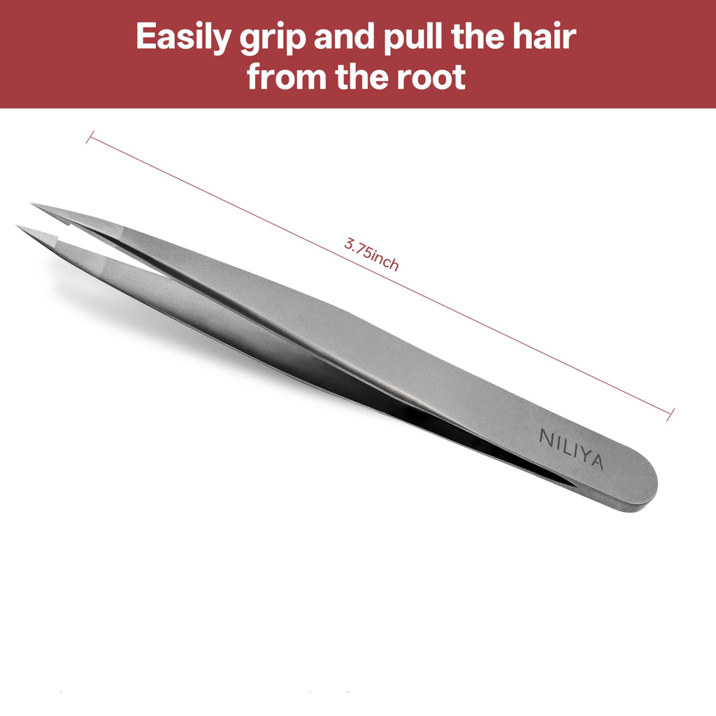NILIYA Pointed Tweezers for Women Facial Hair, Professional Fine Point Eyebrow Tweezers with Comfortable Handle, Ingrown Hair and Splinter Removal, With Travel Case