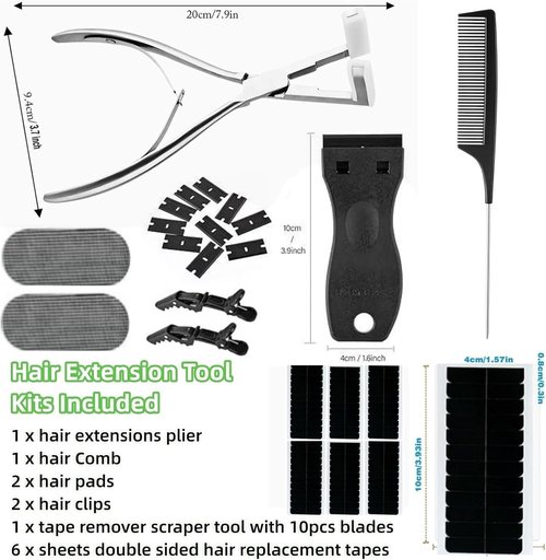 Tape in Hair Extension Tools Kit, Professional Flat Surface Stainless Steel Tape in Hair Extensions Sealing Clamp Plier,Tape Remover Scraper Tool,Hair Clips, Hair Extensions Styling Tools(Silvery Set)
