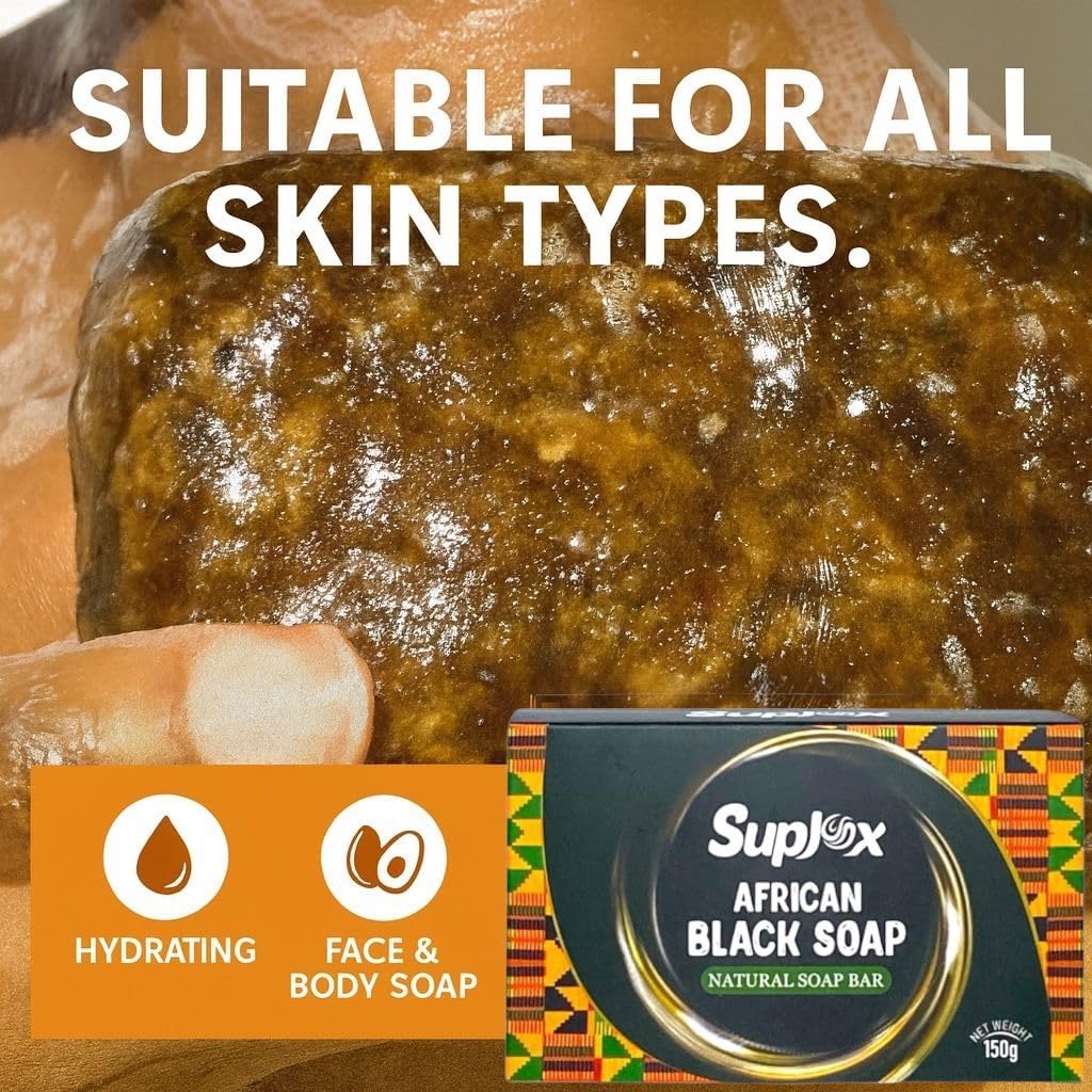 Suplox African Black Soap Bar – African Soap for oily Skin, Ghana Black Face & Body Wash | Face and Body moisturizing cleanser 1 Count.