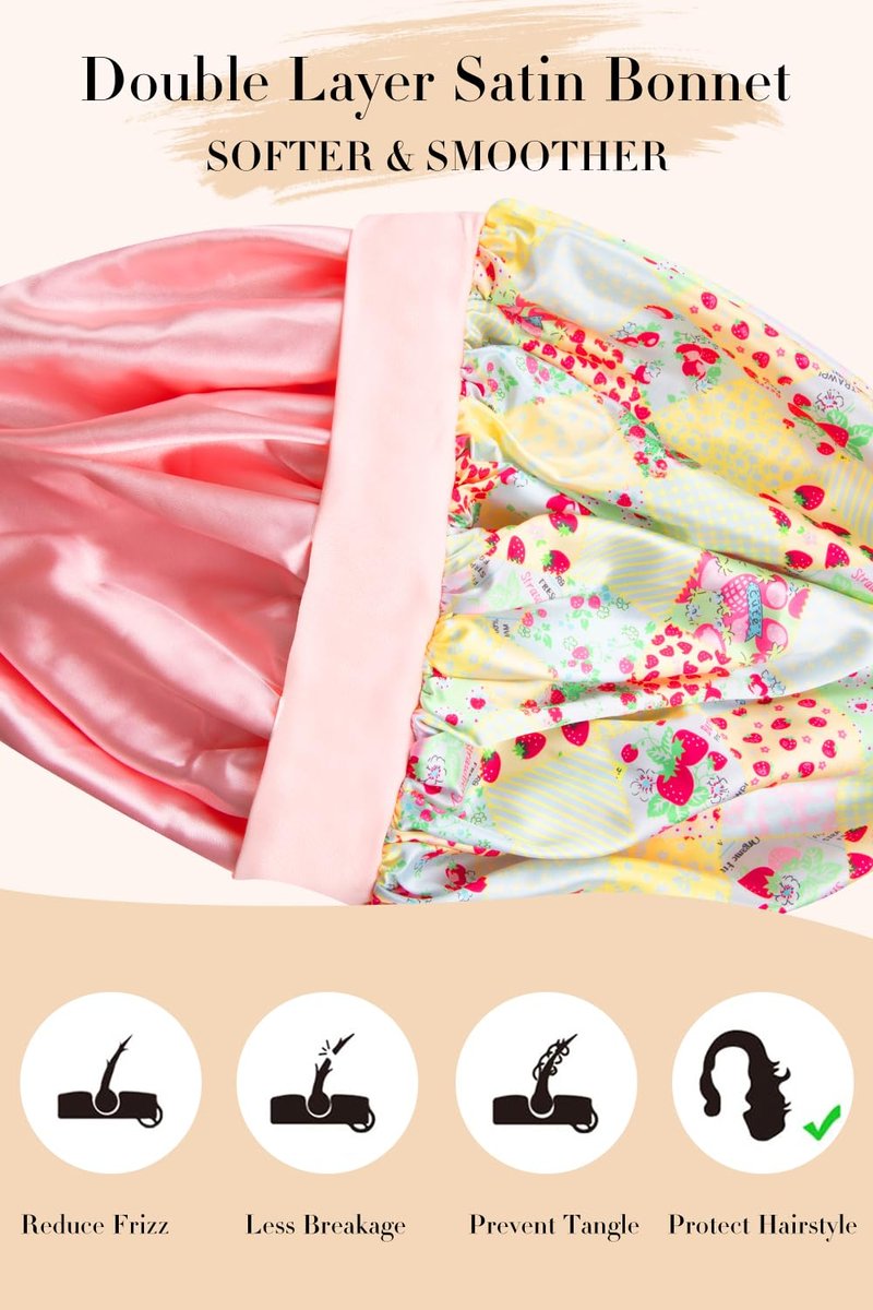 Vettres Hair Bonnet for Sleeping Satin Lined Sleep Cap Double Layer Silk Head Wrap for Curly Natural Hair Strawberry Patchwork