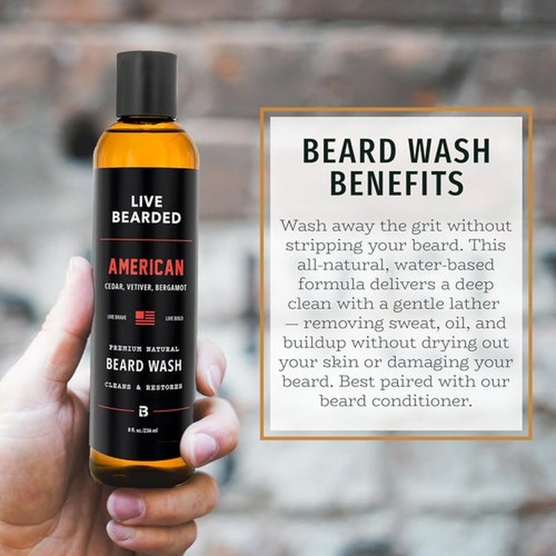 Live Bearded Beard Wash - All-Natural Water-Based Cleanser for Gentle Deep Clean - 8 fl oz | American Scent: Cedar, Vetiver, Bergamot